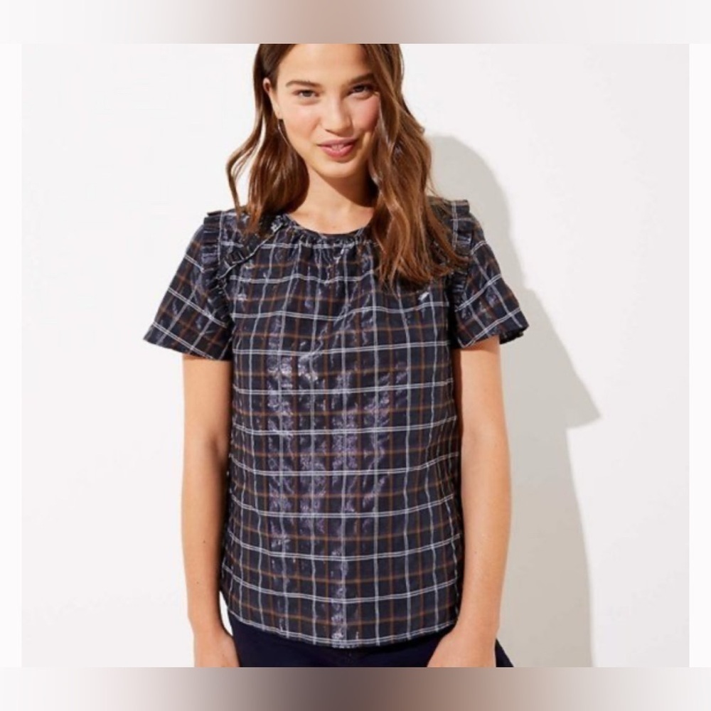 LOFT Short Sleeve Ruffle Shimmer Blouse Top size S